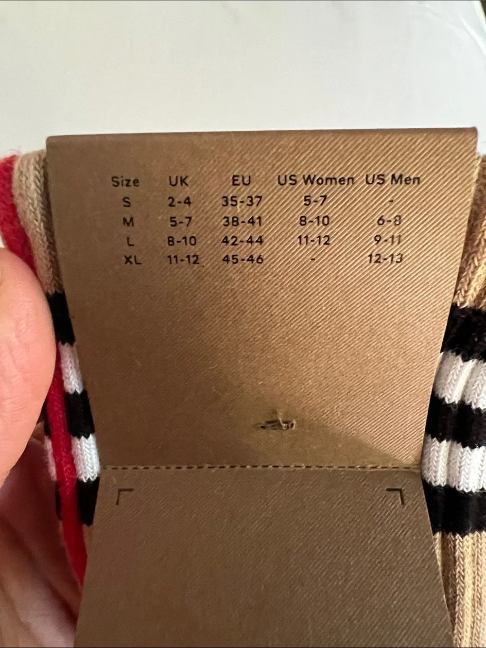 Burberry Tan Crew Socks with Black, White and Red Stripes
